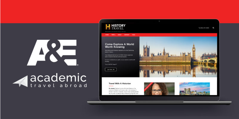 A&E Entertainment logo and Academic Travel Abroad logo stacked on the left with a laptop open to historytrave.com website on right
