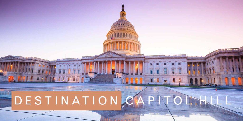 The United States Capitol building at dusk with text at the bottom of the image that reads Destination Capitol Hill