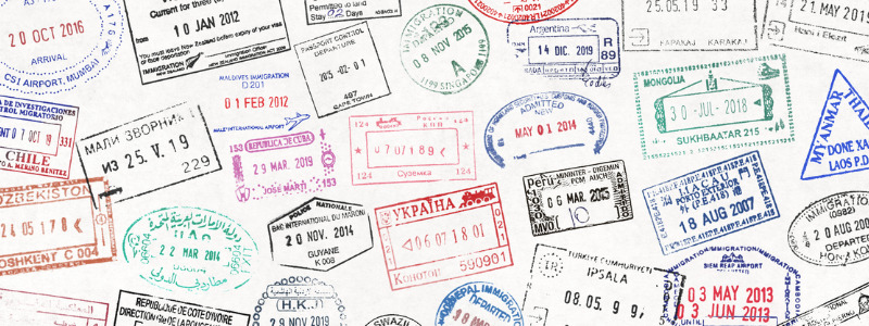 A colorful collage of international passport stamps
