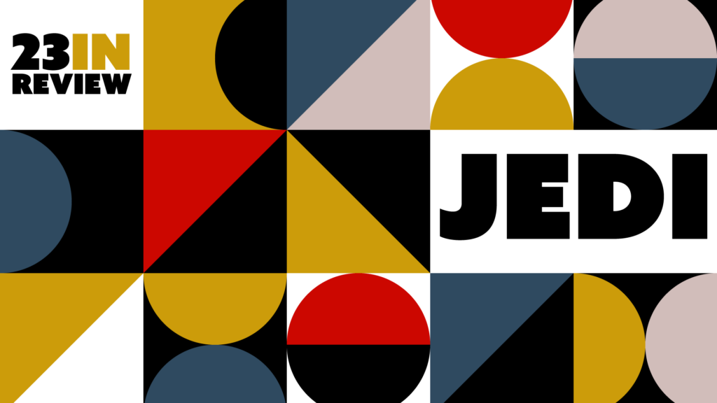 Block print graphic surrounding the acronym JEDI in block text.